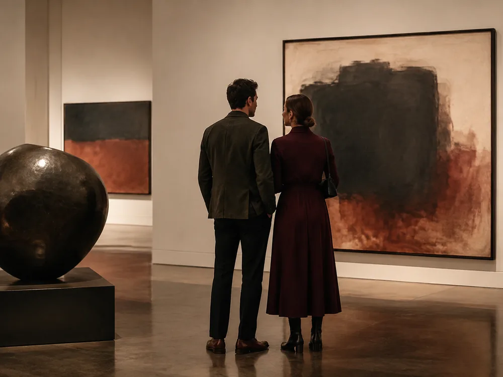 A stylish couple sharing a quiet moment in an Adelaide gallery