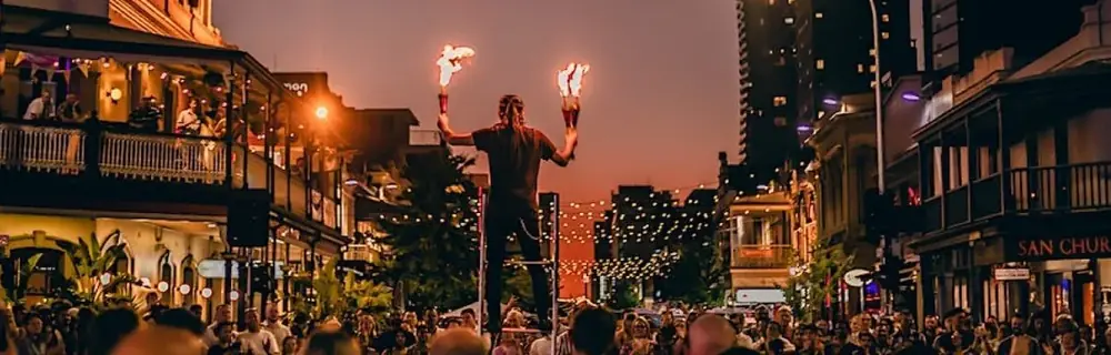 Adelaide Fringe street performance at dusk