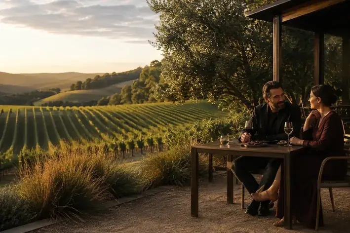 An Adelaide couple sharing wine beside a vineyard at sunset