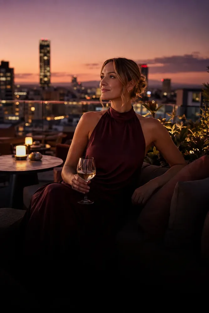 A stylish woman at a rooftop dinner at dusk