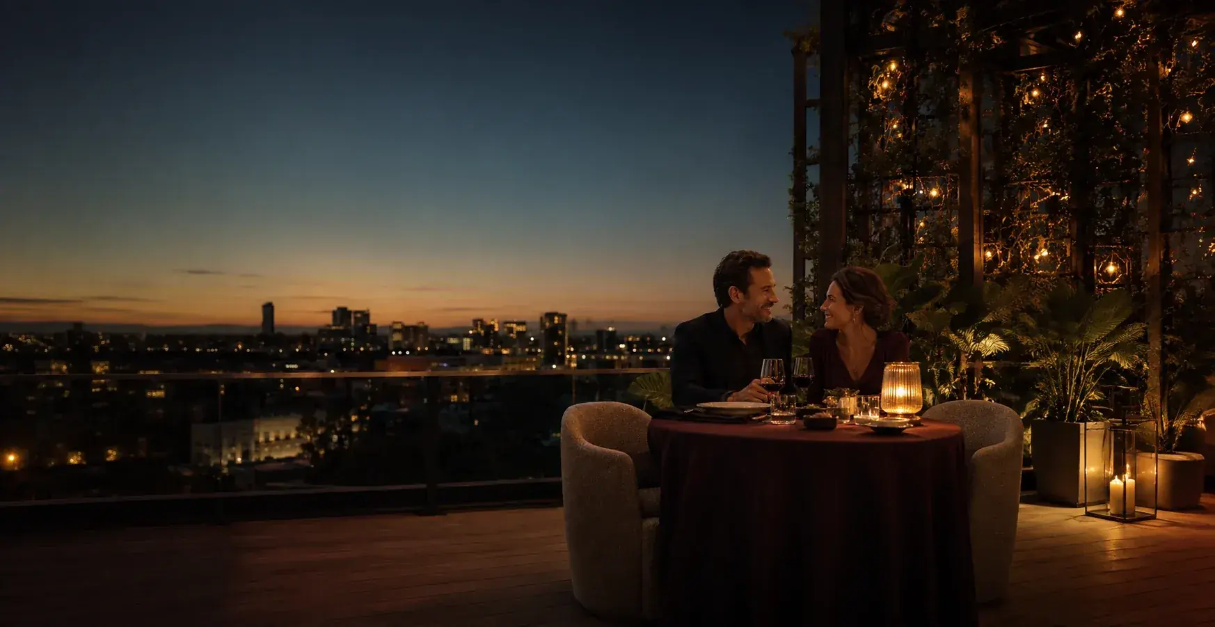 A couple sharing wine at a rooftop dinner as the sun sets over Adelaide
